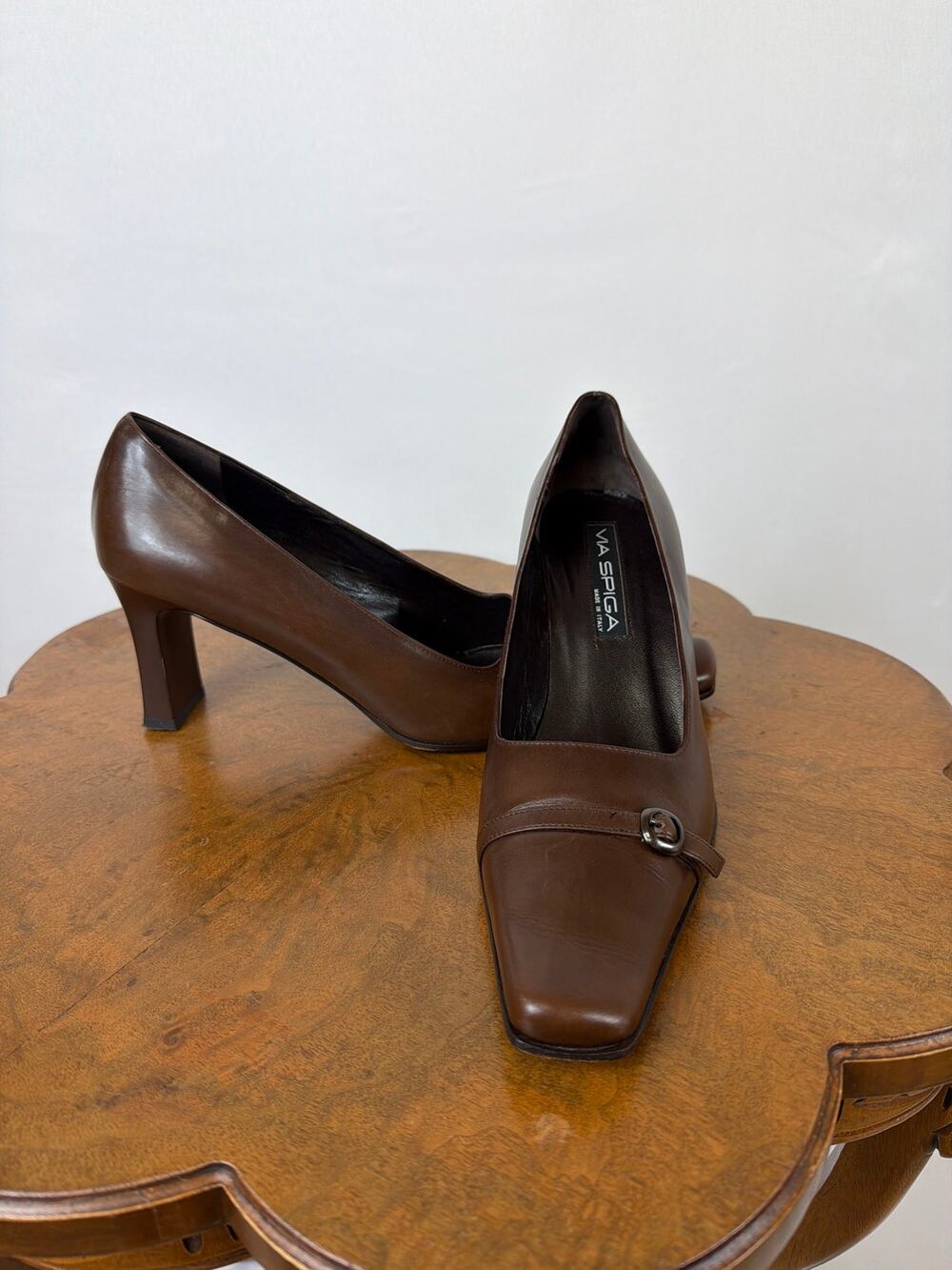Via Spiga Brown 3 Inch Heeled Mules with Buckle Toe Detail Size 10 Made in Italy